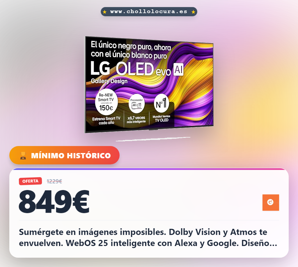 LG OLED55G54LW - TV 55", OLED EVO 4K, Smart TV AI G5, WebOS 25, Super Upscaling, Dolby Vision y Dolby Atmos, AMD FreeSync, Alexa/Google Assistant, Negro