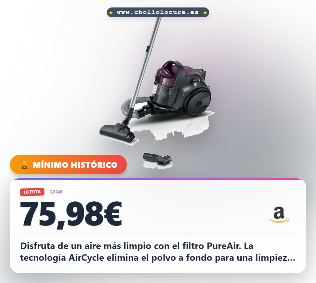Consigue el aspirador sin bolsa Bosch con filtro PureAir y sistema AirCycle al mejor precio de oferta