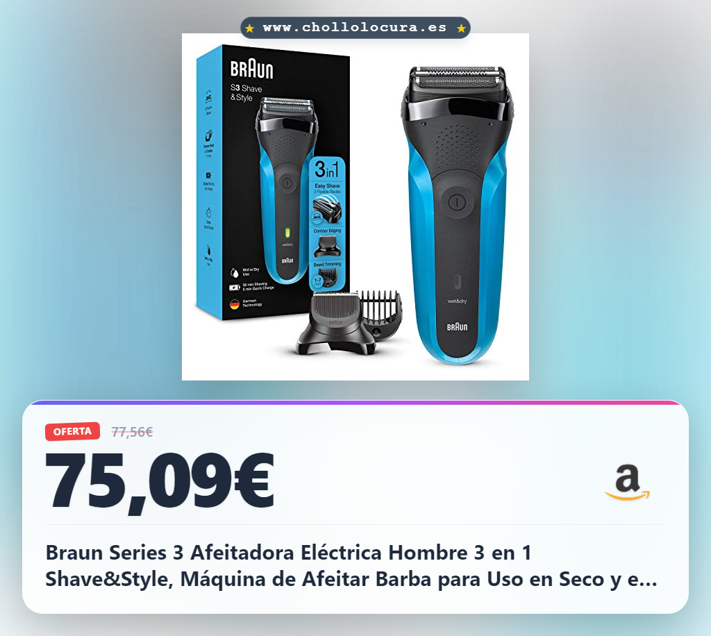 Afeitadora Eléctrica 3 en 1 Braun Series 3: Recorta, perfila y afeita en seco o mojado, ideal para barbas de 1-7 mm