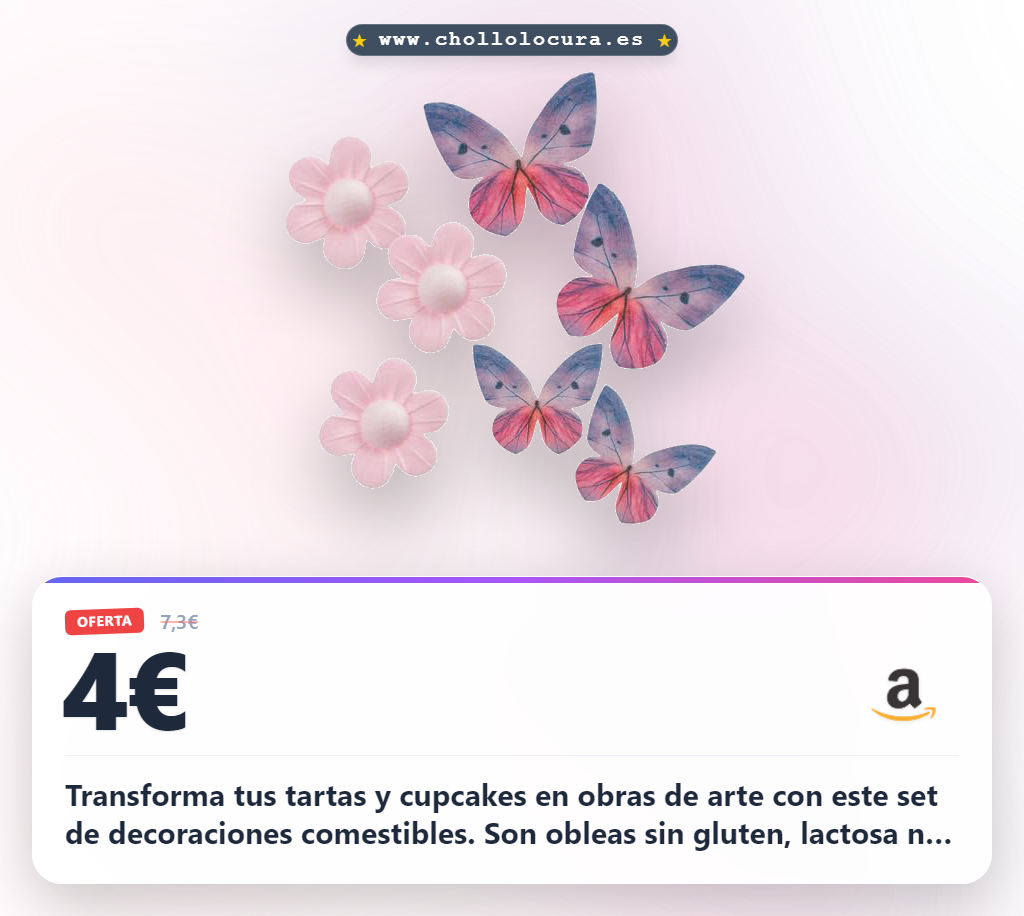 Encuentra set de decoraciones comestibles sin gluten y azúcares. Logra flores rosas y mariposas lilas para tartas. Aprovecha este chollo.