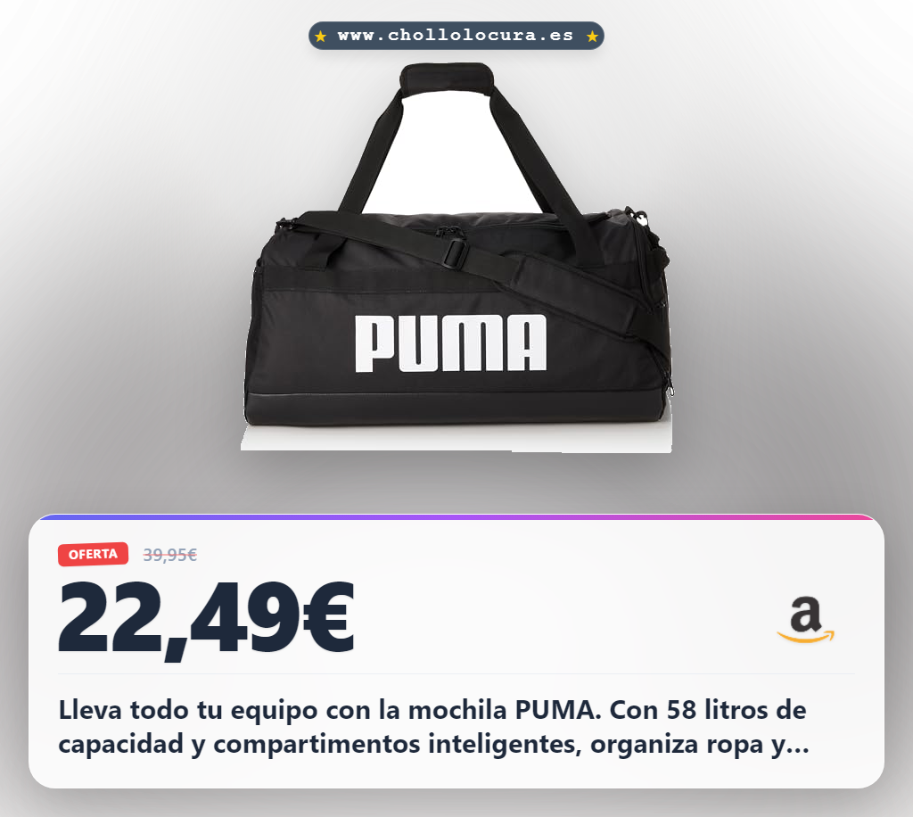 Lleva todo tu equipo con la mochila PUMA. Con 58 litros de capacidad y compartimentos inteligentes, organiza ropa y calzado sin esfuerzo. Sus cremalleras bidireccionales y bolsillos laterales te dan todo lo que necesitas para entrenar o viajar. Máxima comodidad y estilo.