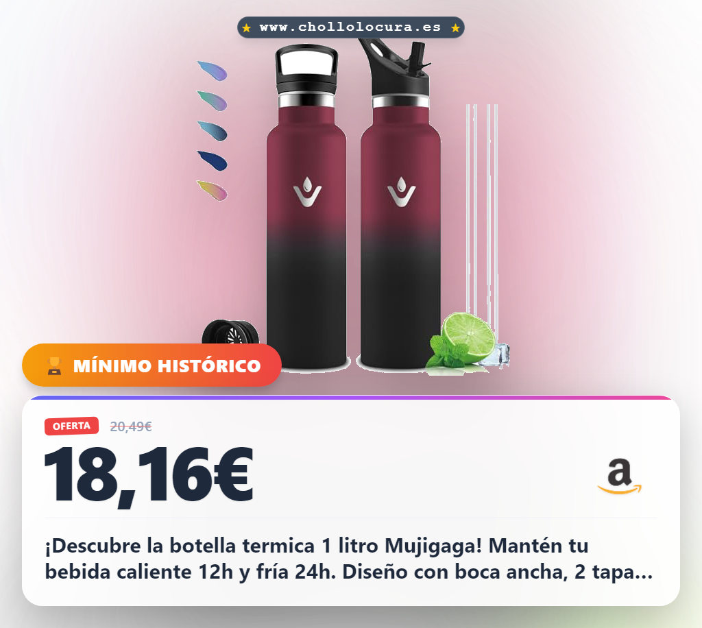 Consigue Botella Térmica 1 Litro Mujigaga Acero Inoxidable Mantiene 24H Frío y 12H Caliente A Prueba de Fugas