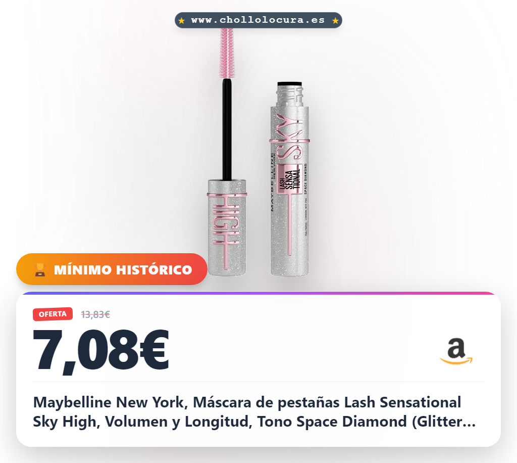 Maybelline New York, Máscara de pestañas Lash Sensational Sky High, Volumen y Longitud, Tono Space Diamond (Glitter Top Coat), 7.5 ml