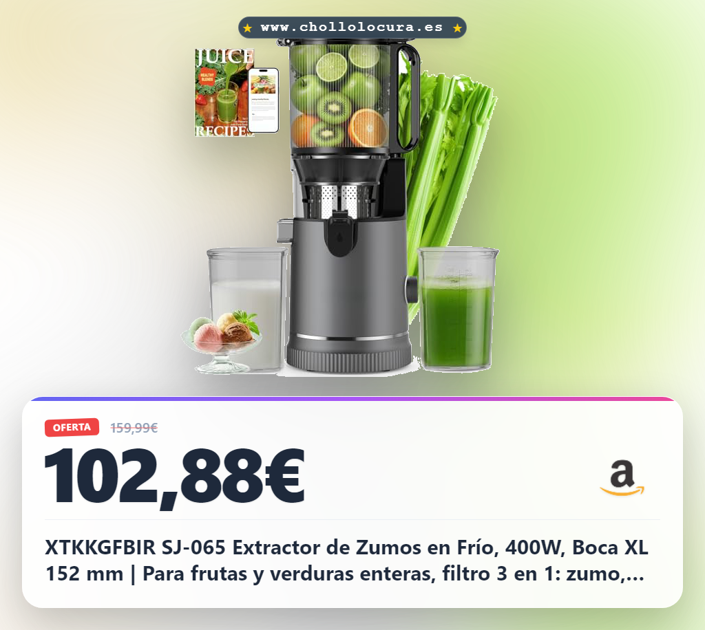 XTKKGFBIR SJ-065 Extractor de Zumos en Frío, 400W, Boca XL 152 mm | Para frutas y verduras enteras, filtro 3 en 1: zumo, sorbete y leche vegetal, alto rendimiento, sin BPA, 1,8 L, lavavajillas