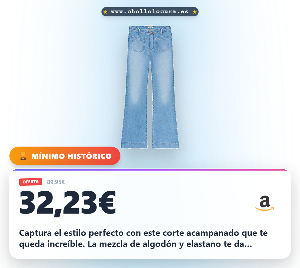 Captura el estilo perfecto con este corte acampanado que te queda increíble. La mezcla de algodón y elastano te da comodidad y durabilidad para todo el día. Ideal para el día a día, fácil de cuidar y con un ajuste que realza tu figura.