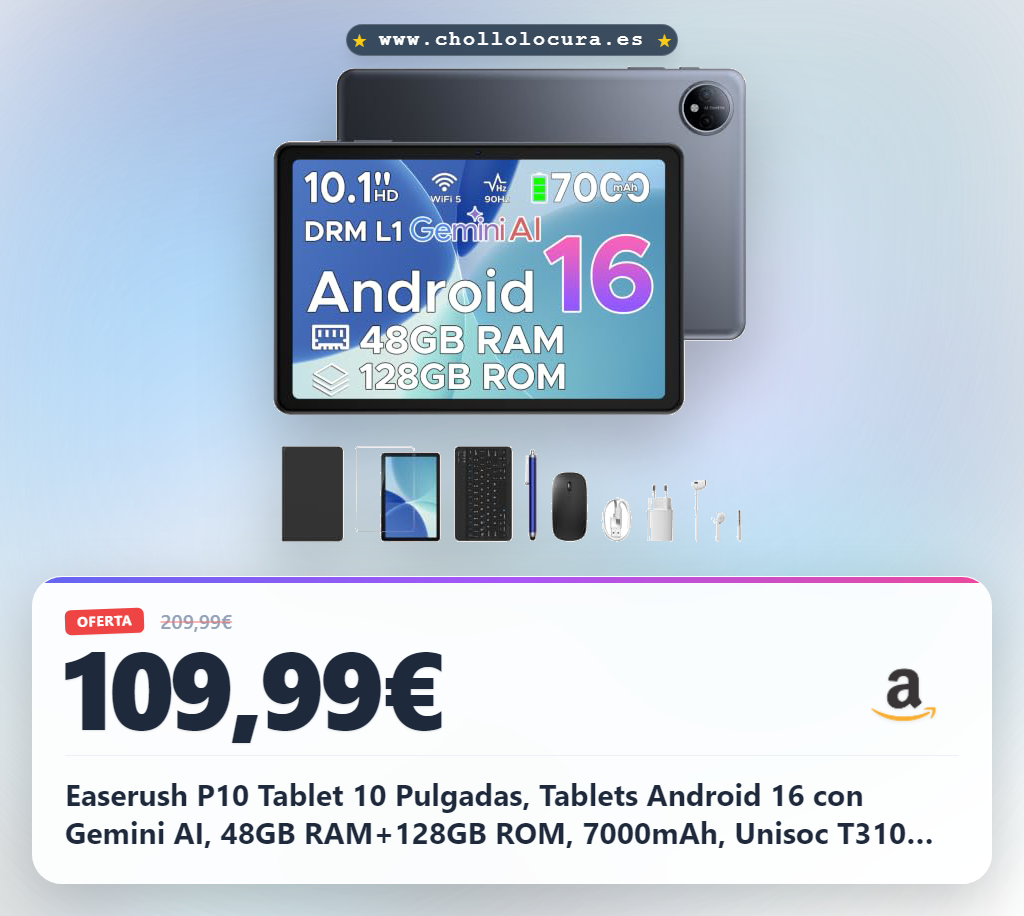 Easerush P10 Tablet 10 Pulgadas, Tablets Android 16 con Gemini AI, 48GB RAM+128GB ROM, 7000mAh, Unisoc T310 Quad-Core, 90HzFace ID/2 Speakers - Tablet con Teclado,Lapiz,Funda,Ratón,Auriculares - Gris