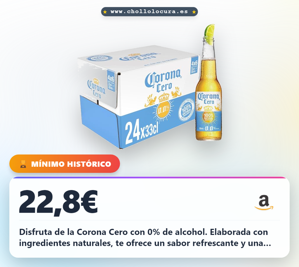 Aprovecha este pack de 24 botellas de Cerveza Corona 0.0% alcohol con ingredientes naturales y sabor refrescante