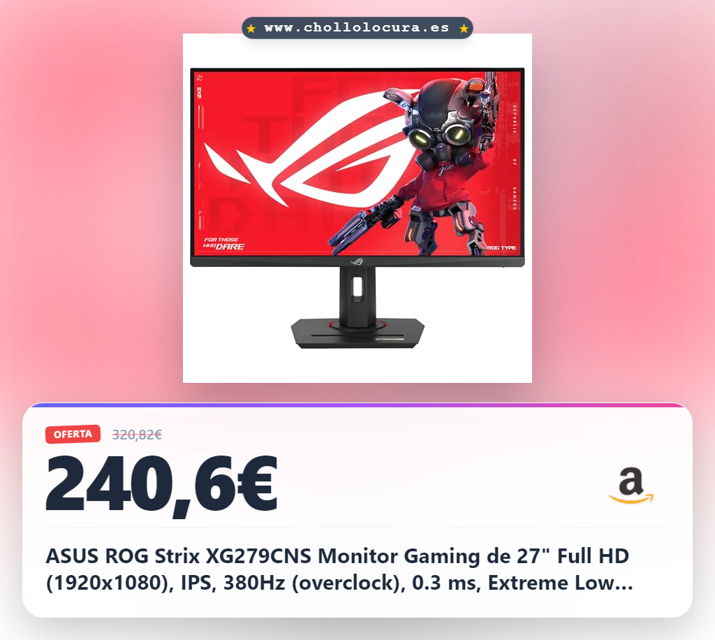 ASUS ROG Strix XG279CNS Monitor Gaming de 27" Full HD (1920x1080), IPS, 380Hz (overclock), 0.3 ms, Extreme Low Motion Blur Sync, USB Tipo-C, DisplayHDR 400, Rosca para trípode, DisplayWidget Center