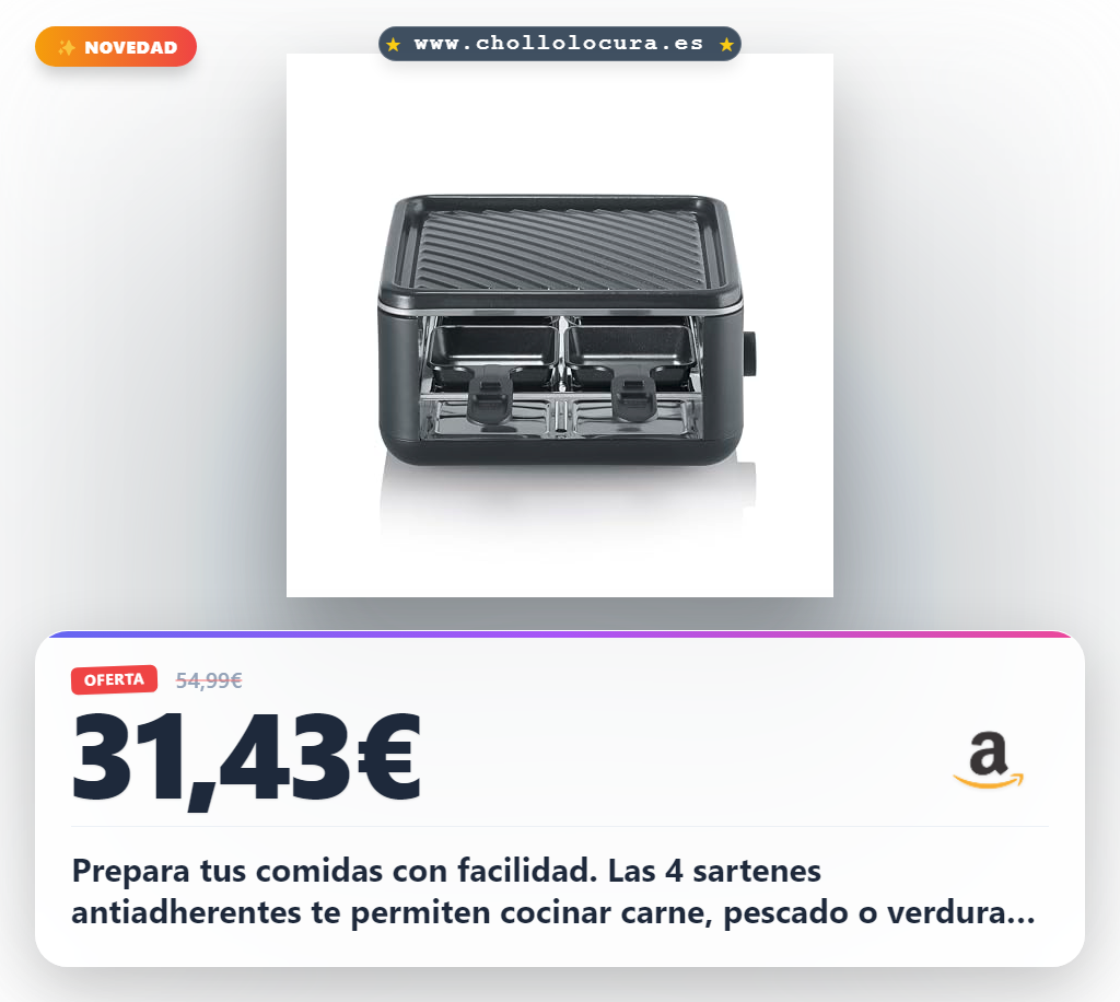 Aprovecha el grill Raclette SEVERIN con 4 sartenes antiadherentes y función click-stow en oferta