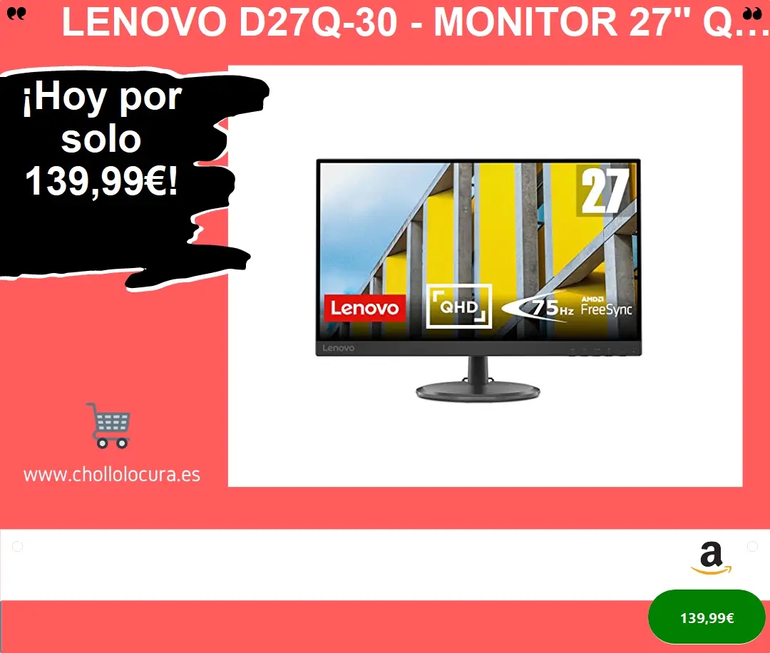 Lenovo D27q-30 - Monitor 27'' QHD (VA, 60Hz, 4ms, HDMI+DP, Cable HDMI, FreeSync) Ajuste de inclinación - Negro