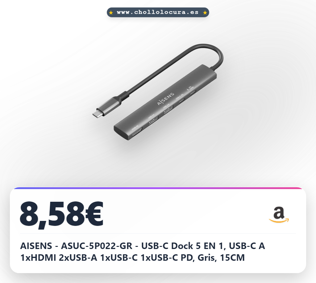 AISENS - ASUC-5P022-GR - USB-C Dock 5 EN 1, USB-C A 1xHDMI 2xUSB-A 1xUSB-C 1xUSB-C PD, Gris, 15CM