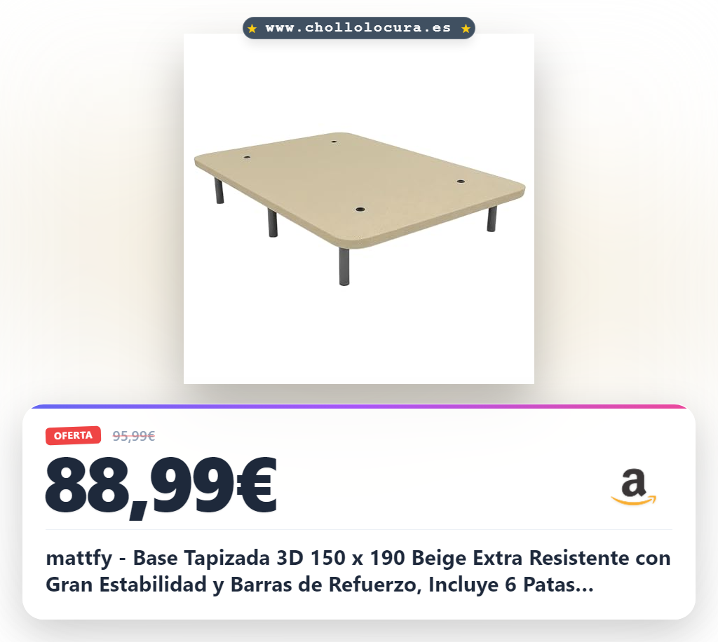mattfy - Base Tapizada 3D 150 x 190 Beige Extra Resistente con Gran Estabilidad y Barras de Refuerzo, Incluye 6 Patas metálicas roscadas de 25cm
