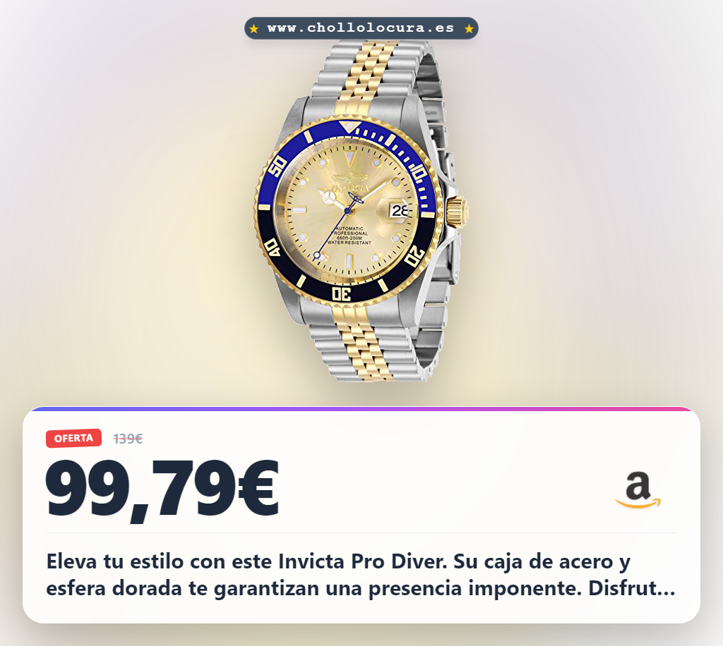 Eleva tu estilo con este Invicta Pro Diver. Su caja de acero y esfera dorada te garantizan una presencia imponente. Disfruta de la precisión del movimiento automático con resistencia al agua.