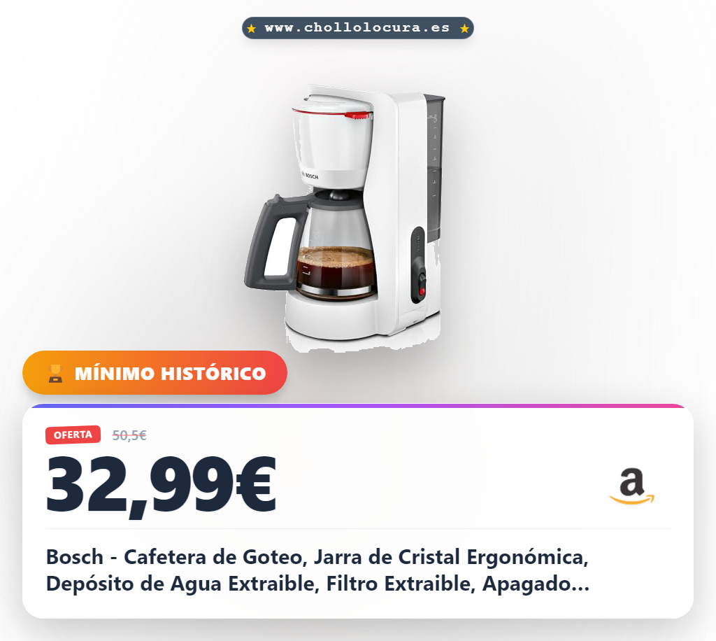 Bosch - Cafetera de Goteo, Jarra de Cristal Ergonómica, Depósito de Agua Extraible, Filtro Extraible, Apagado Automático, Anti Goteo, Blanco, TKA2M111