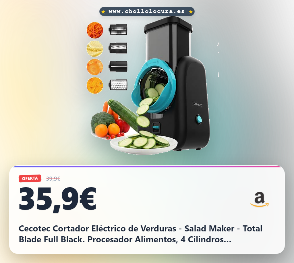 Cecotec Cortador Eléctrico de Verduras - Salad Maker - Total Blade Full Black. Procesador Alimentos, 4 Cilindros Intercambiables, Corta, Ralla y Lamina, Desmontable, Compacto, Ensaladas en Segundos