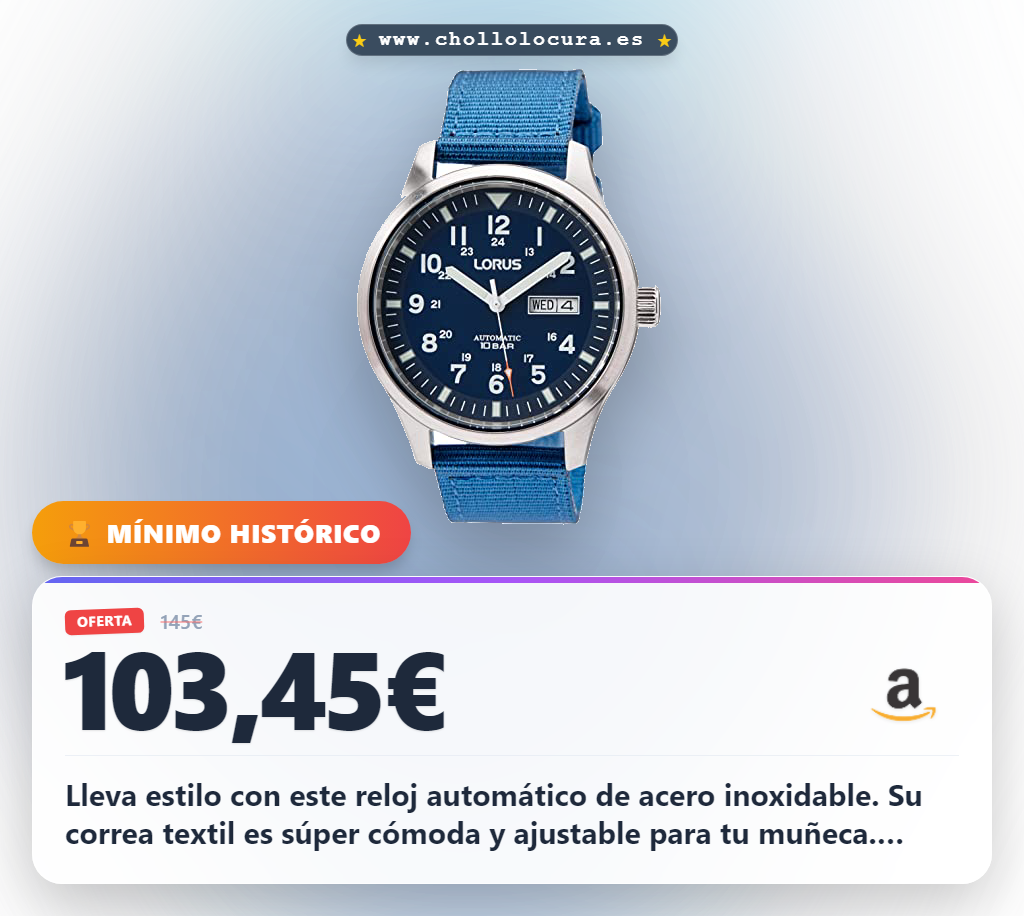 Consigue este Reloj Analógico Automático Hombre en acero inoxidable con correa textil resistente al agua