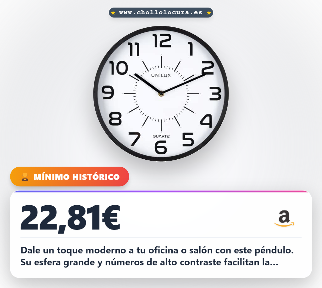 Aprovecha este reloj de pared péndulo Unilux diseño moderno con esfera grande y movimiento silencioso en oferta