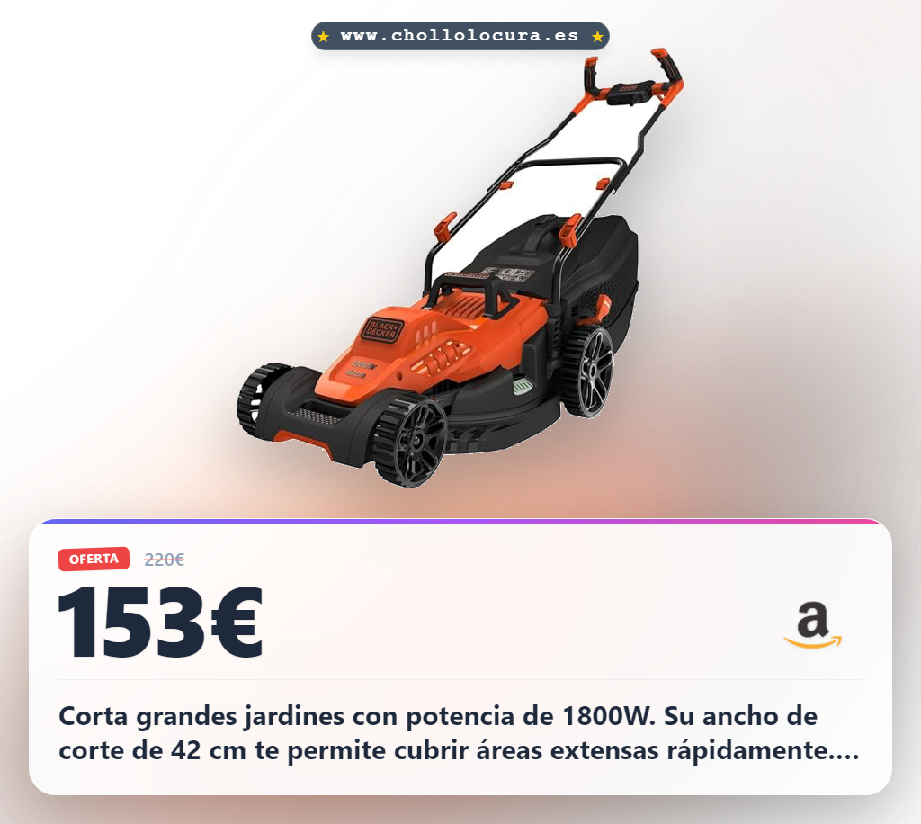 Consigue el cortacésped BLACK+DECKER 1800W con manillar tipo bicicleta y ajuste fácil al mejor precio