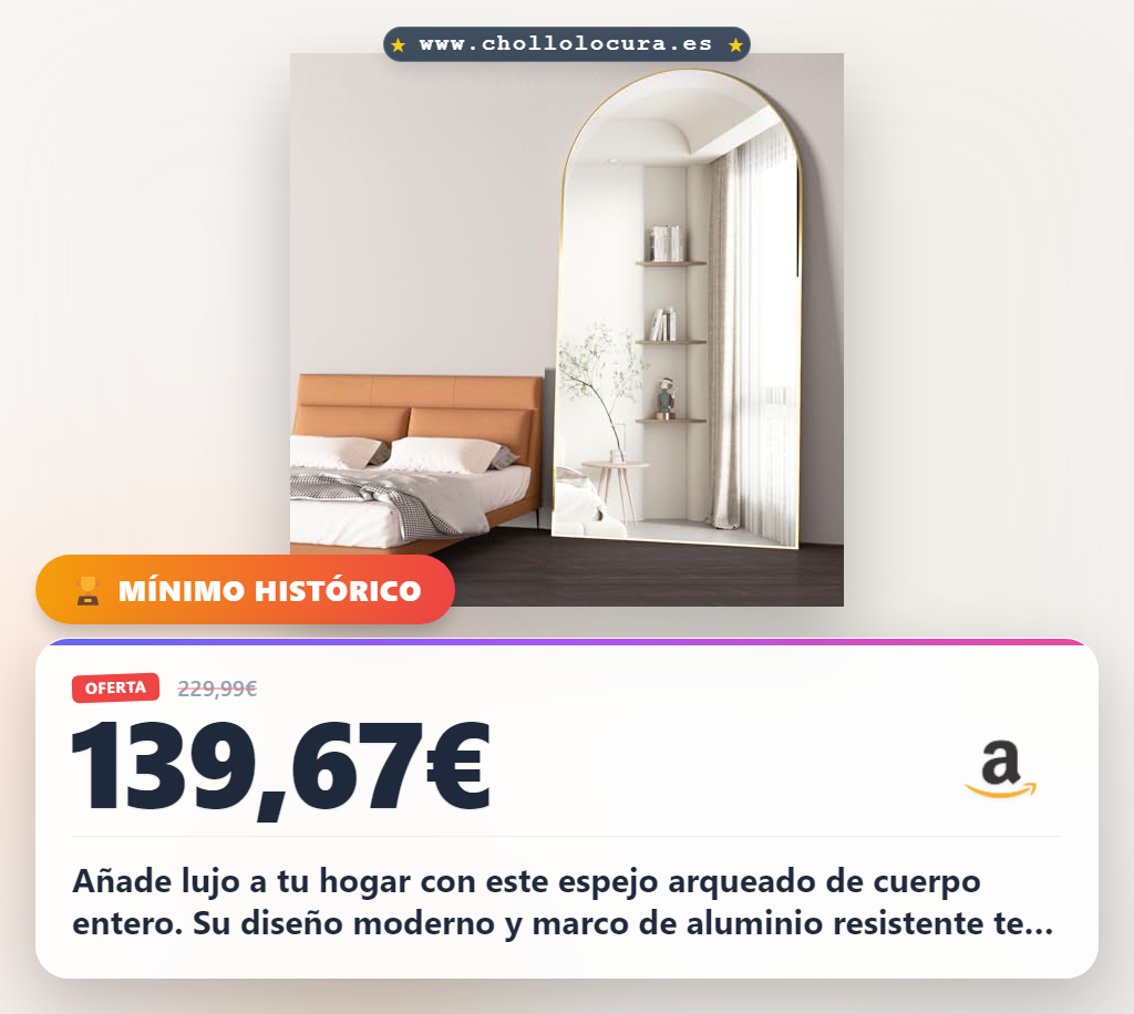 Añade lujo a tu hogar con este espejo arqueado de cuerpo entero. Su diseño moderno y marco de aluminio resistente te da un toque elegante a cualquier espacio. Vidrio HD inastillable y soporte estable para que disfrutes de una reflexión perfecta.