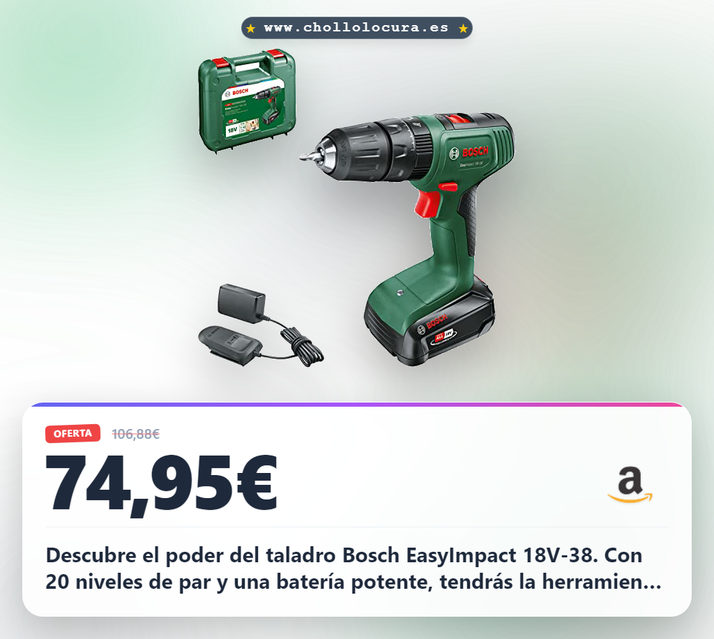 Consigue el taladro percutor Bosch EasyImpact 18V-38 con 20 niveles de par y batería en oferta