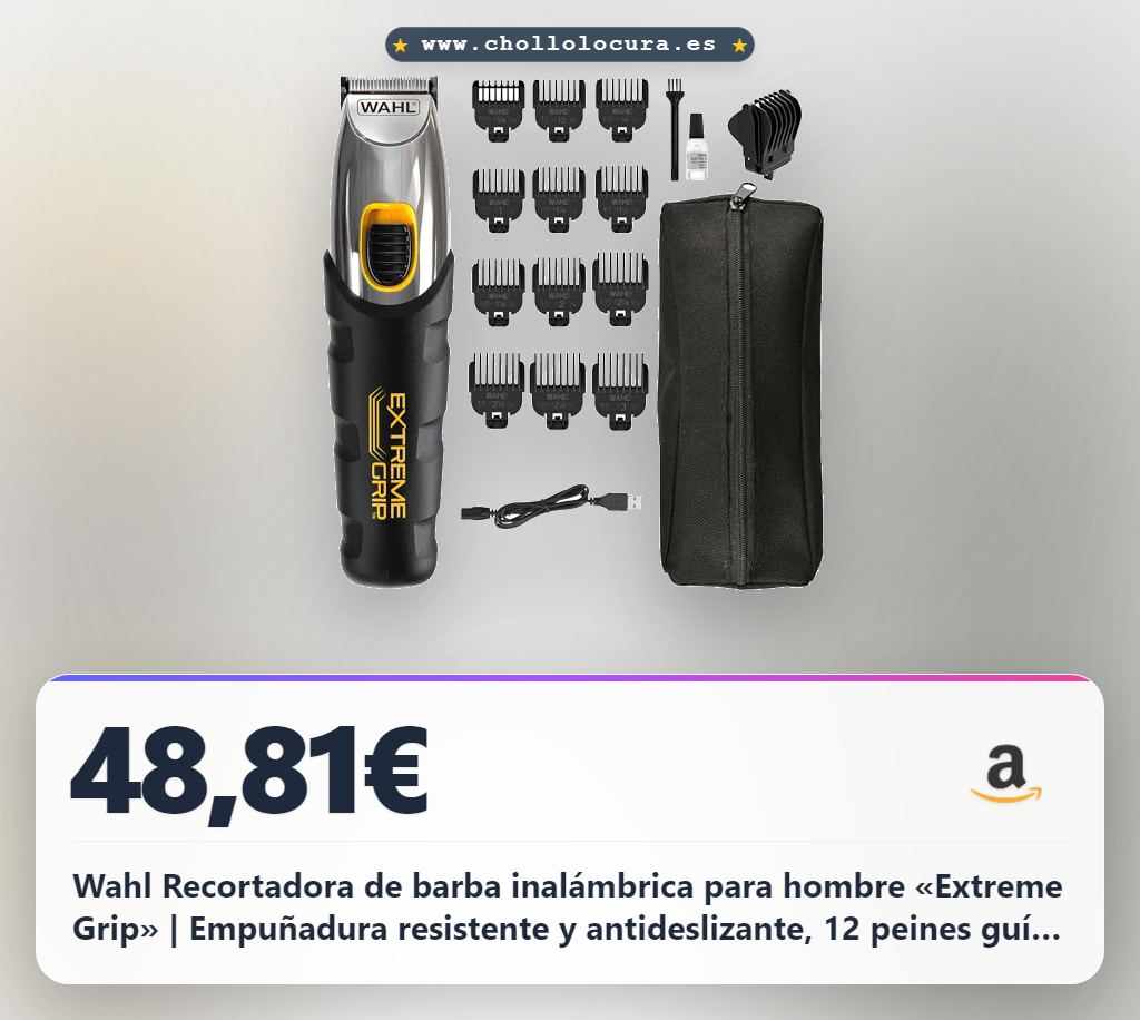 Wahl Recortadora de barba inalámbrica para hombre «Extreme Grip» | Empuñadura resistente y antideslizante, 12 peines guía reforzados, cabezales lavables, cuchilla de acero inoxidable