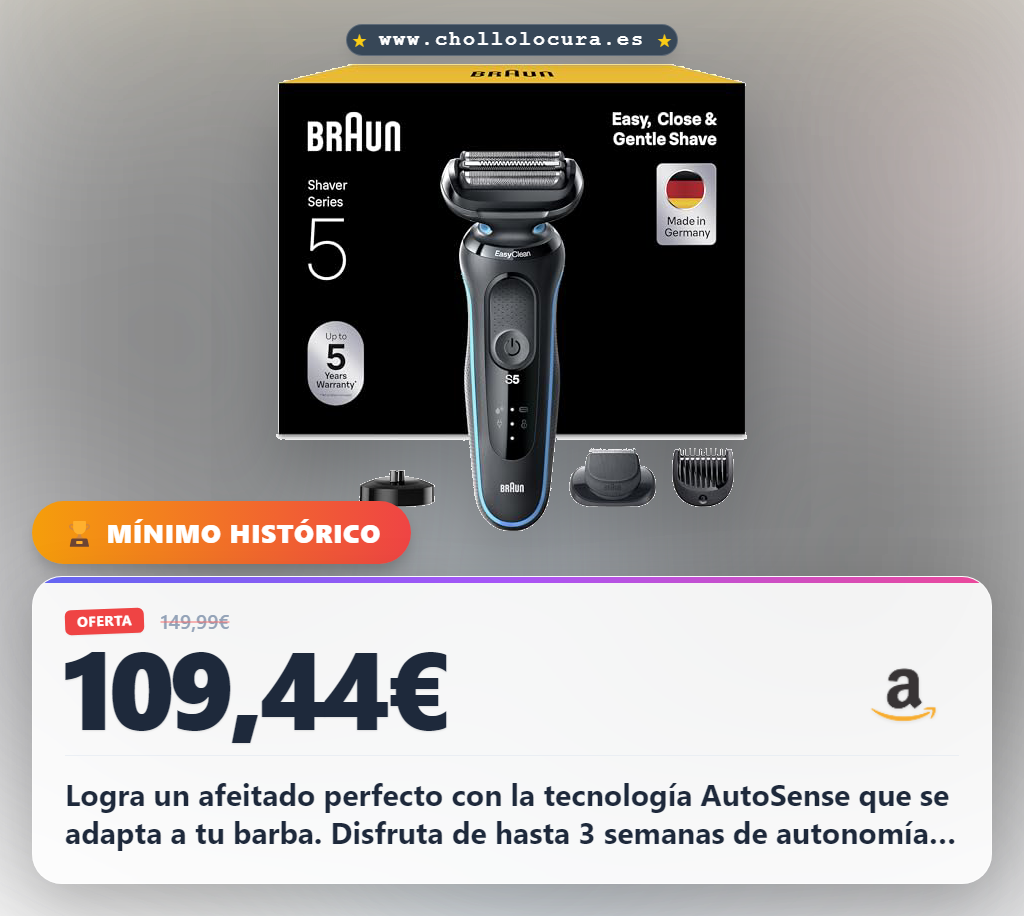 Aprovecha la afeitadora eléctrica Braun Series 5 con tecnología AutoSense y batería de 3 semanas en oferta histórica