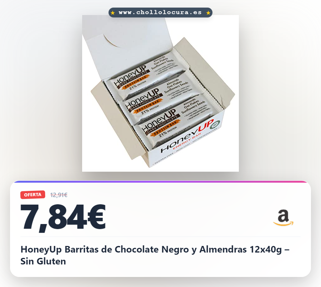 HoneyUp Barritas de Chocolate Negro y Almendras 12x40g – Sin Gluten