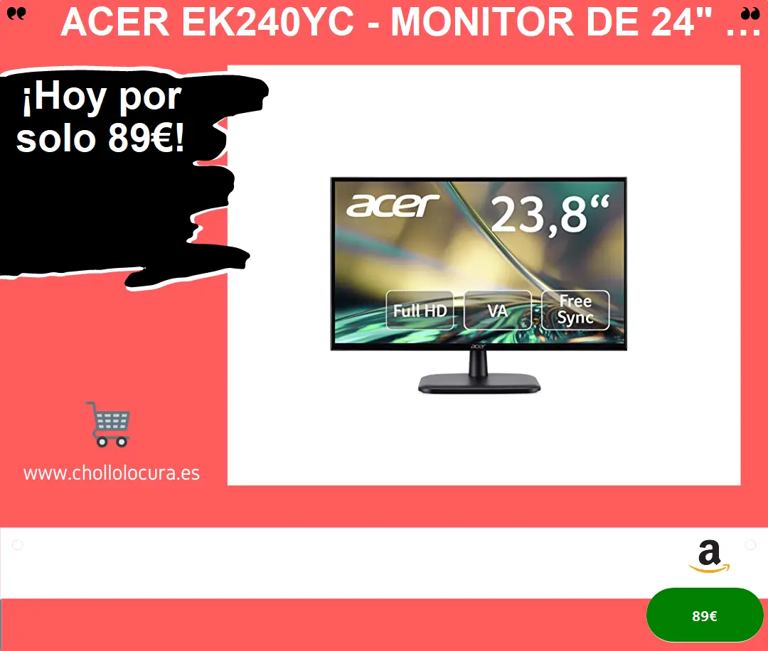 Acer EK240YC - Monitor de 24" Full HD 75 Hz (1920x1080, 16:9, 250 Nits, Tiempo de Respuesta 5 ms G2G, AMD FreeSync, HDMI, VGA) Color Negro