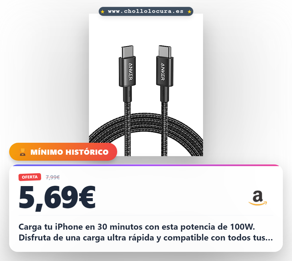 Consigue el cable USB-C Anker 100W de 1,8m para cargar tu iPhone 16 Pro Max y MacBook Pro en oferta