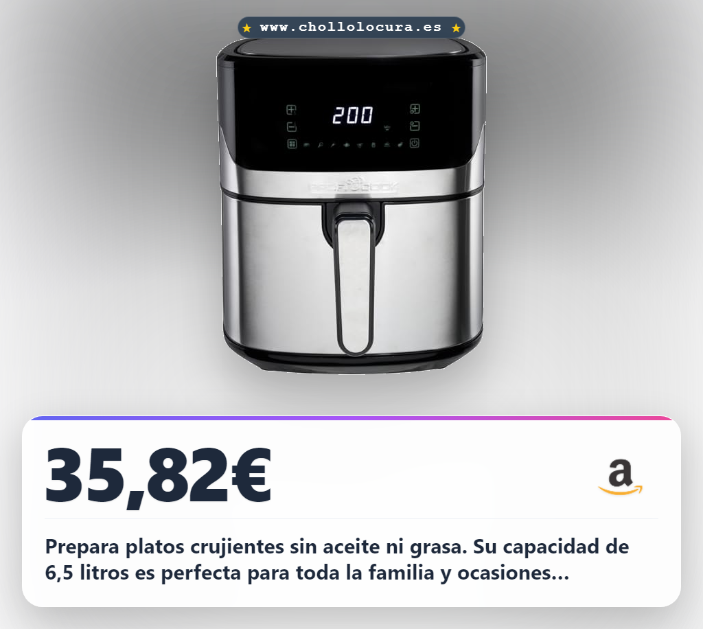 Aprovecha la Freidora de aire ProfiCook de 6,5L. Cocina sin aceite ni grasa a 200°C con 8 programas. Control total y acero inoxidable.