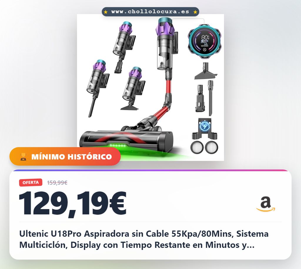 Ultenic U18Pro Aspiradora sin Cable 55Kpa/80Mins, Sistema Multiciclón, Display con Tiempo Restante en Minutos y Limpieza sin Agacharse, Escoba Aspirador Anti-enredos para Pelo de Mascotas y Alfombras