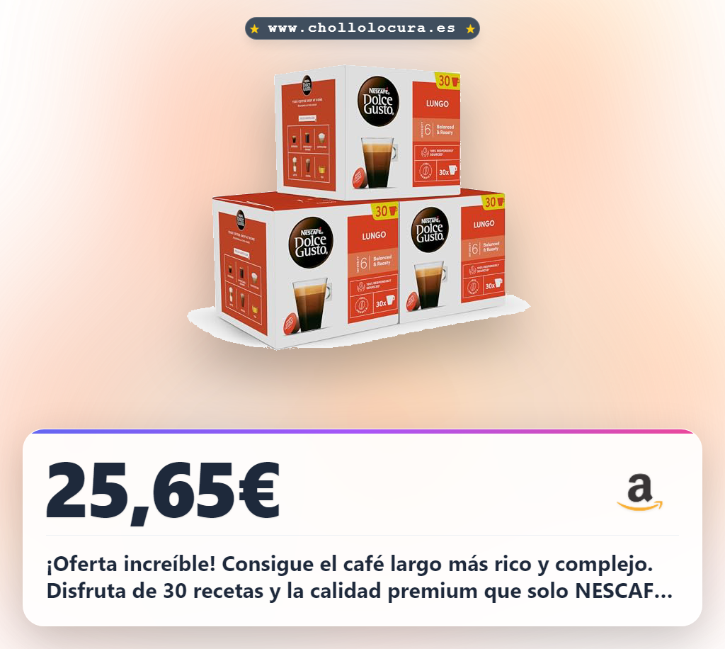 Aprovecha las cápsulas NESCAFÉ Dolce Gusto Lungo con 30 recetas al mejor precio de oferta histórica al momento.