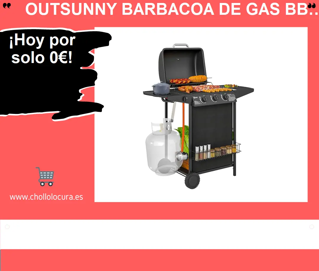 Outsunny Barbacoa de Gas BBQ Gas con 3+1 Quemadores 9,5 kW Barbacoa Portátil con Termómetro Mesa Lateral Estante Especiero Parrilla Recogedor de Grasa 2 Ruedas para Jardín Exterior Camping Negro