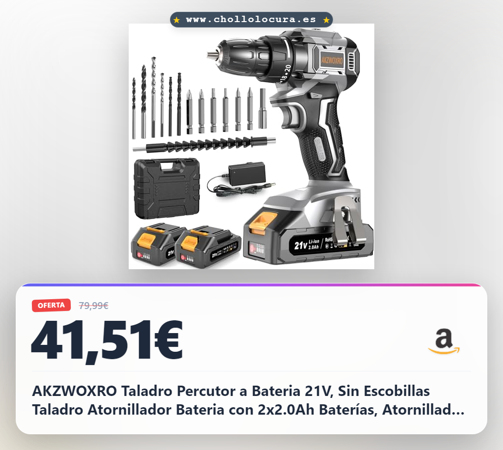 AKZWOXRO Taladro Percutor a Bateria 21V, Sin Escobillas Taladro Atornillador Bateria con 2x2.0Ah Baterías, Atornillador Electrico 45N.m, 20+1 Ajuste de Par, 14 Accesorios, 2 Velocidad, Gris