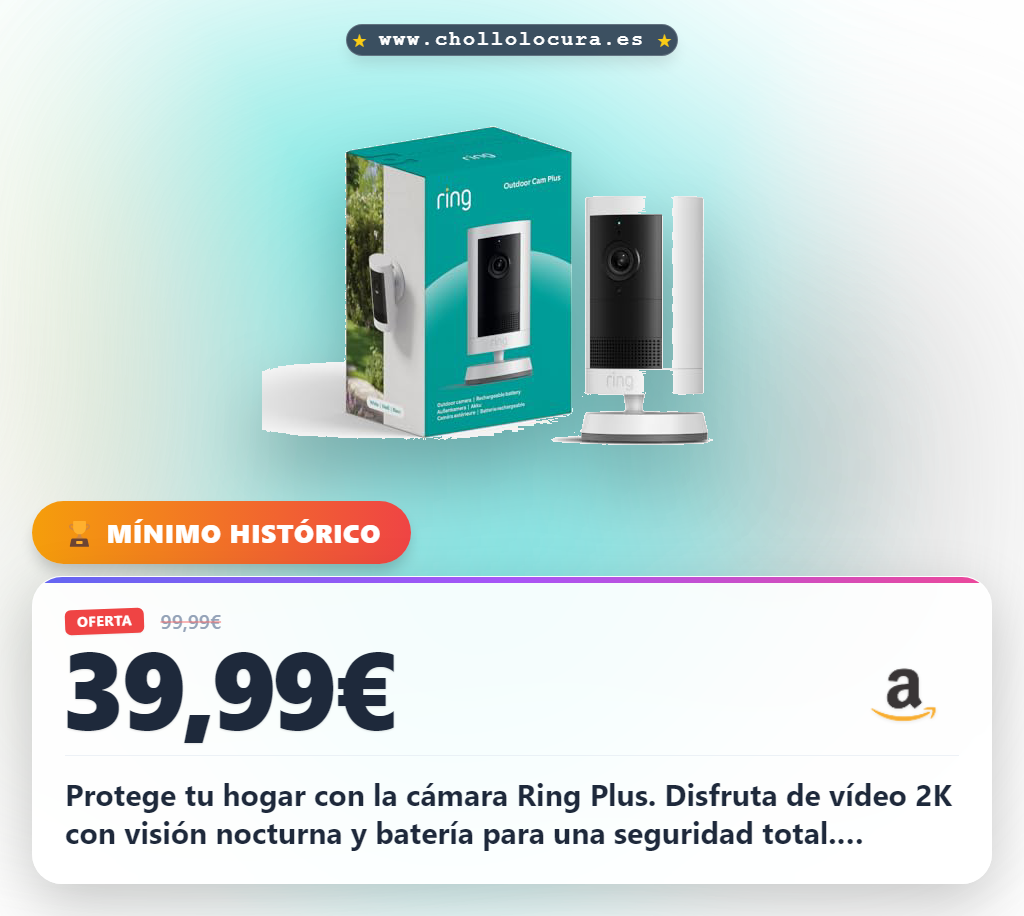 Consigue la cámara exterior Ring Plus 2K con visión nocturna y batería al mejor precio en oferta histórica
