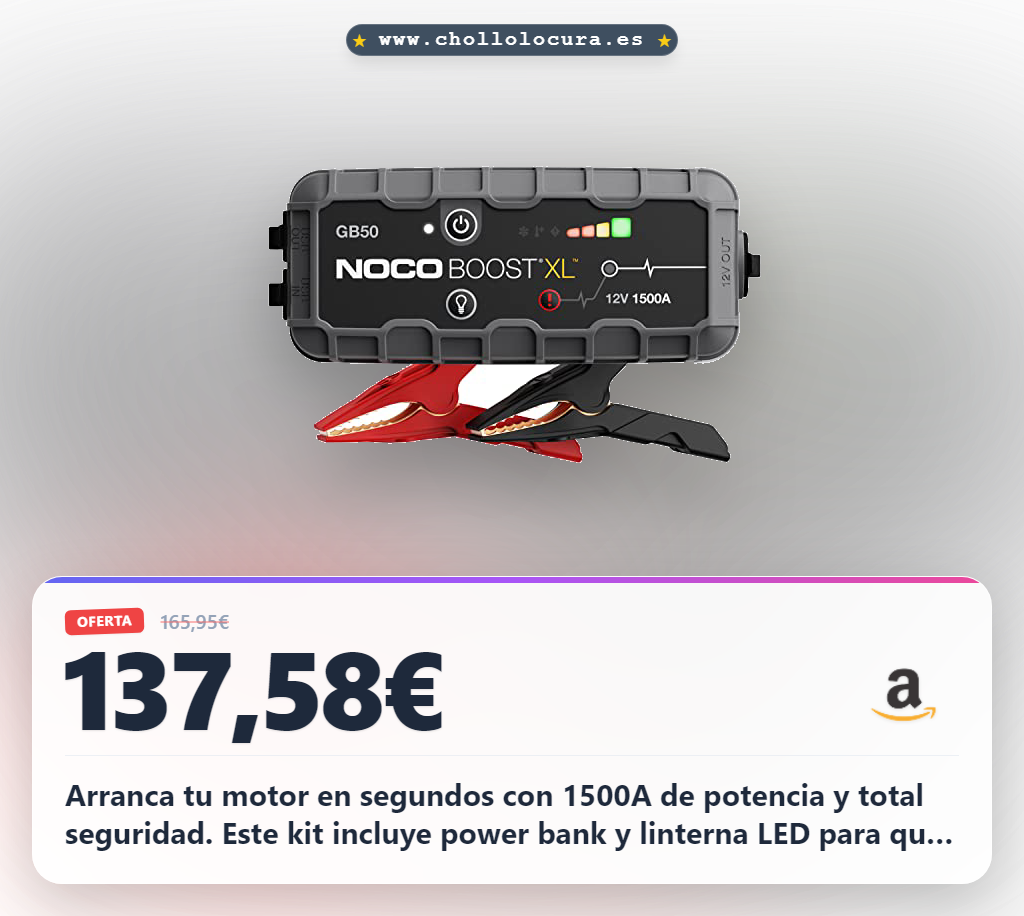 Arranca tu motor en segundos con 1500A de potencia y total seguridad. Este kit incluye power bank y linterna LED para que nunca te quedes tirado. Máxima tranquilidad en cualquier emergencia.