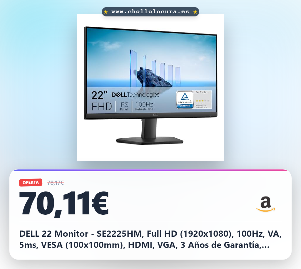DELL 22 Monitor - SE2225HM, Full HD (1920x1080), 100Hz, VA, 5ms, VESA (100x100mm), HDMI, VGA, 3 Años de Garantía, Negro