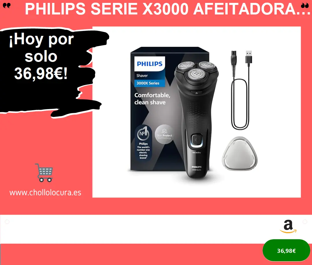Philips Serie X3000 Afeitadora Eléctrica Hombre, Máquina de Afeitar Barba con Cortapatillas, 27 cuchillas, Cuida la piel, 40min de uso, En Seco y Húmedo, Recargable, X3001/00, Negro