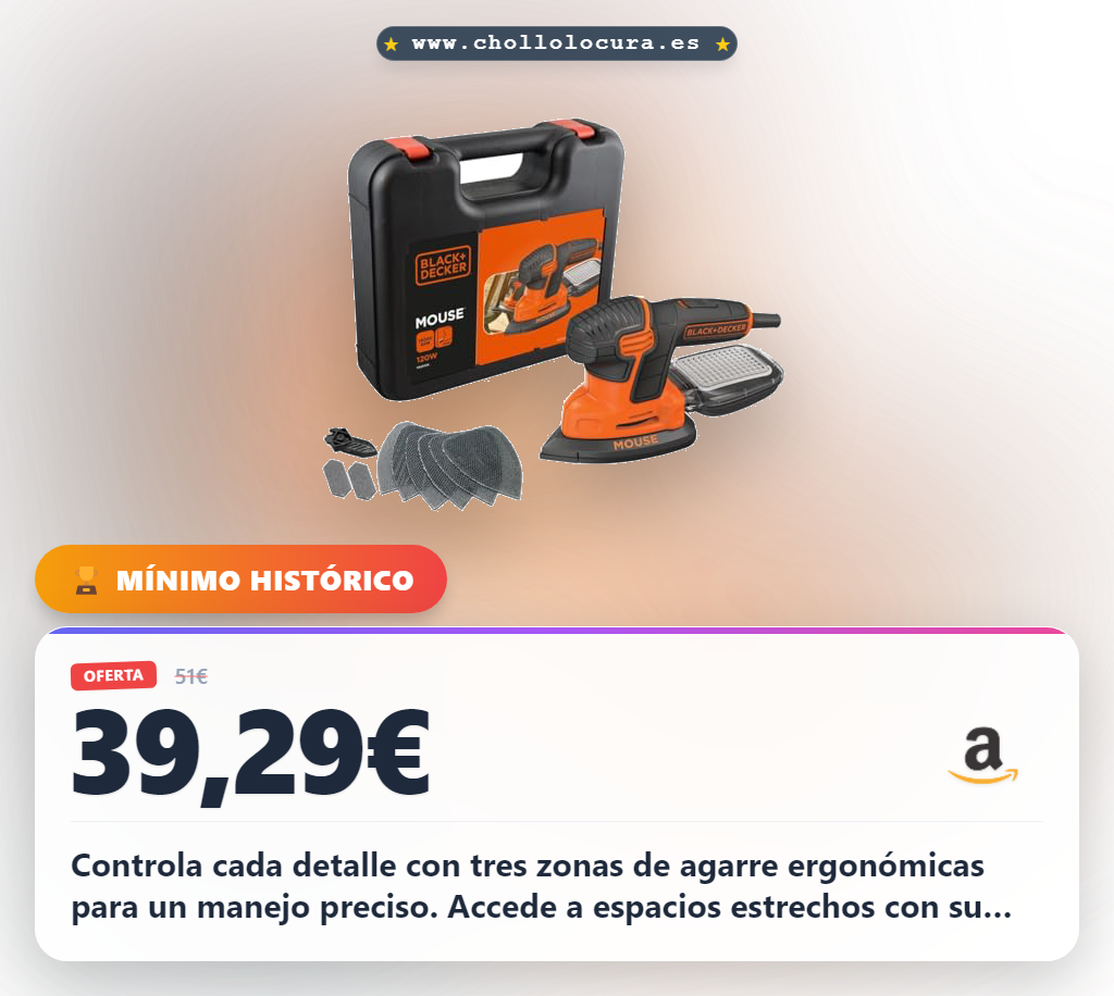 Obtén la lijadora BLACK+DECKER KA2500K 120W con microfiltración y encaje rápido a precio de chollo para detalles.