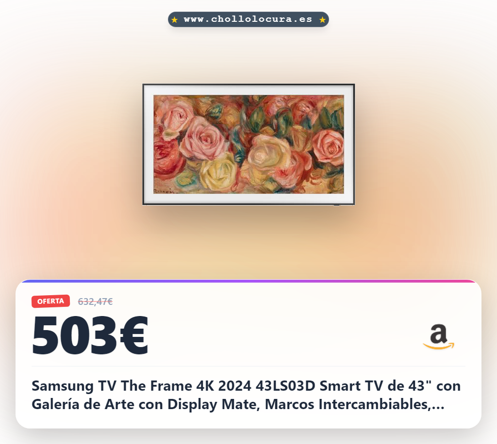 Samsung TV The Frame 4K 2024 43LS03D Smart TV de 43" con Galería de Arte con Display Mate, Marcos Intercambiables, 100% Volumen de Color con Quantum Dot y One Connect y Cable Casi Invisible