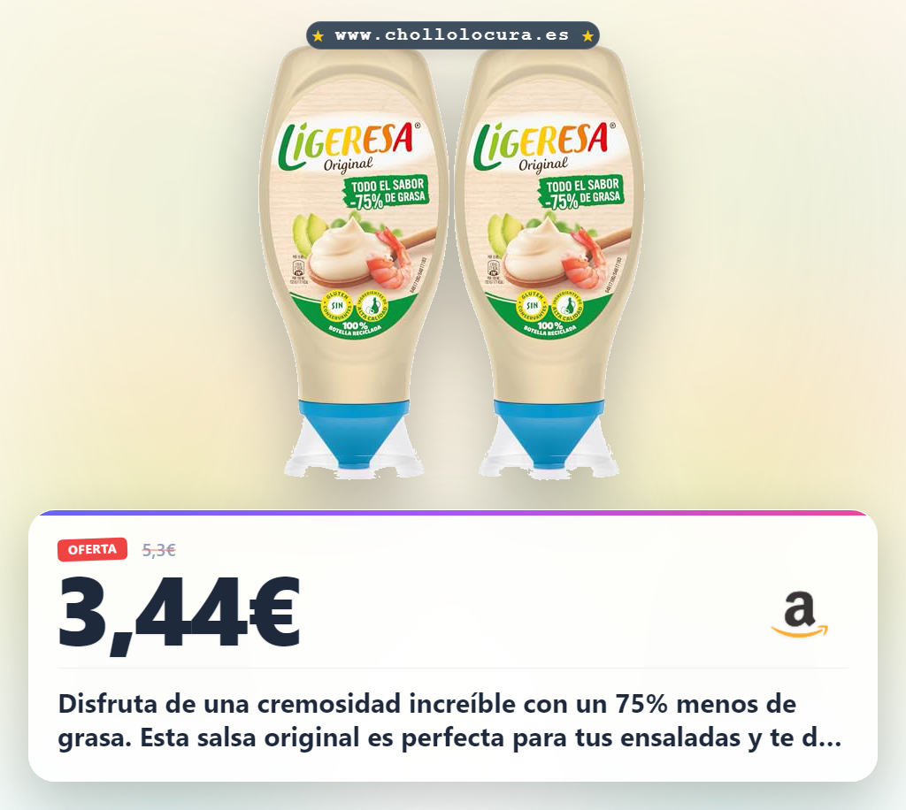Aprovecha la salsa Ligeresa Bocabajo original sin gluten y sin lactosa. Extra cremosidad en oferta.