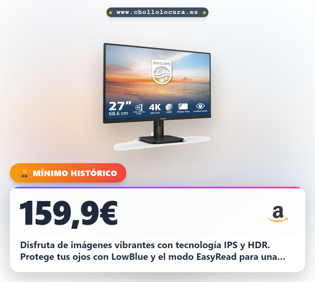 Aprovecha el monitor Philips 27 IPS con HDR y altavoces estéreo para disfrutar de una imagen UHD en oferta
