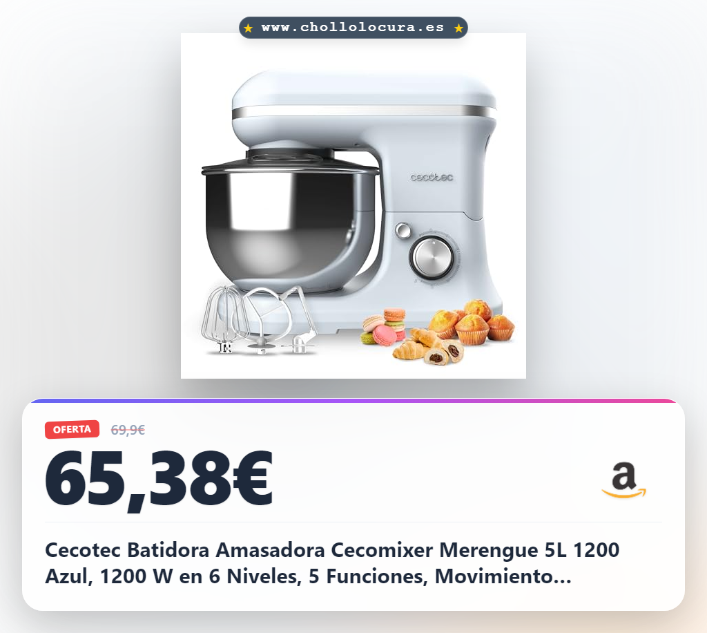 Cecotec Batidora Amasadora Cecomixer Merengue 5L 1200 Azul, 1200 W en 6 Niveles, 5 Funciones, Movimiento Planetario, Diseño Elegante, Bol de Acero de 5 L y Accesorios para Batir y Amasar