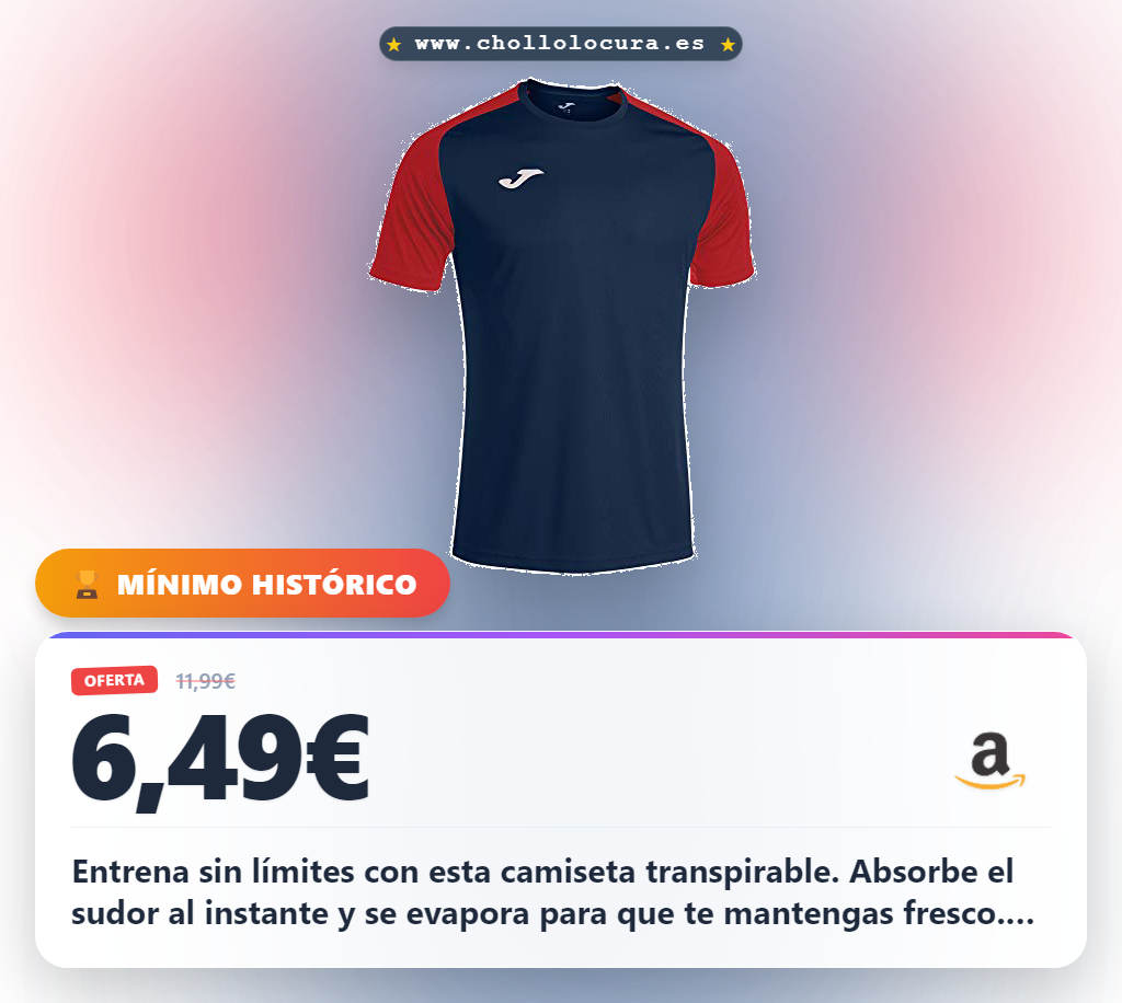 Llévate la camiseta Joma transpirable para running y gimnasio con tecnología antiolor al mejor precio de oferta histórica en oferta.