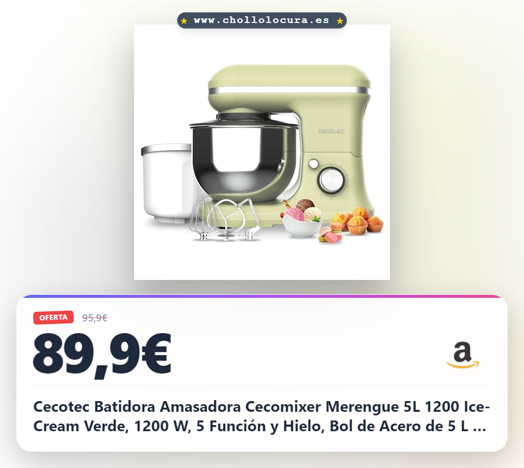 Cecotec Batidora Amasadora Cecomixer Merengue 5L 1200 Ice-Cream Verde, 1200 W, 5 Función y Hielo, Bol de Acero de 5 L y Accesorios para Batir y Amasar, Incluye Función para Hacer Helado