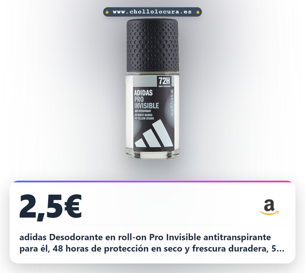 adidas Desodorante en roll-on Pro Invisible antitranspirante para él, 48 horas de protección en seco y frescura duradera, 50 ml