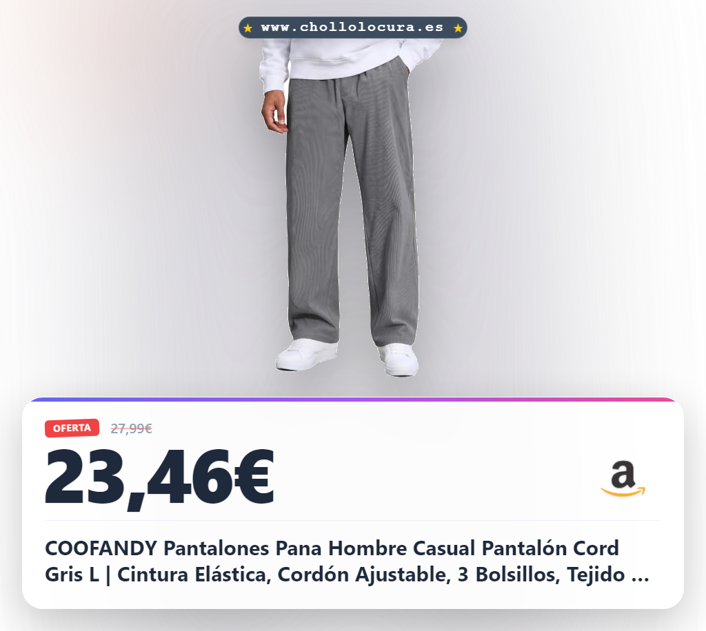 COOFANDY Pantalones Pana Hombre Casual Pantalón Cord Gris L | Cintura Elástica, Cordón Ajustable, 3 Bolsillos, Tejido de Pana Cómodo, Pantalón Cord Casual