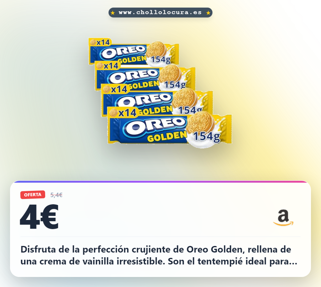 Consigue las Oreo Golden de vainilla rellenas de crema. Disfruta de este paquete de 4 crujientes al mejor precio del año.