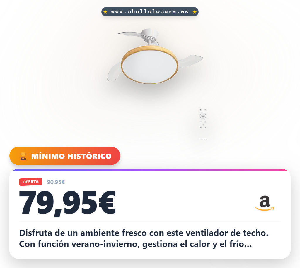 Aprovecha este ventilador de techo con luz y madera clara en oferta histórica