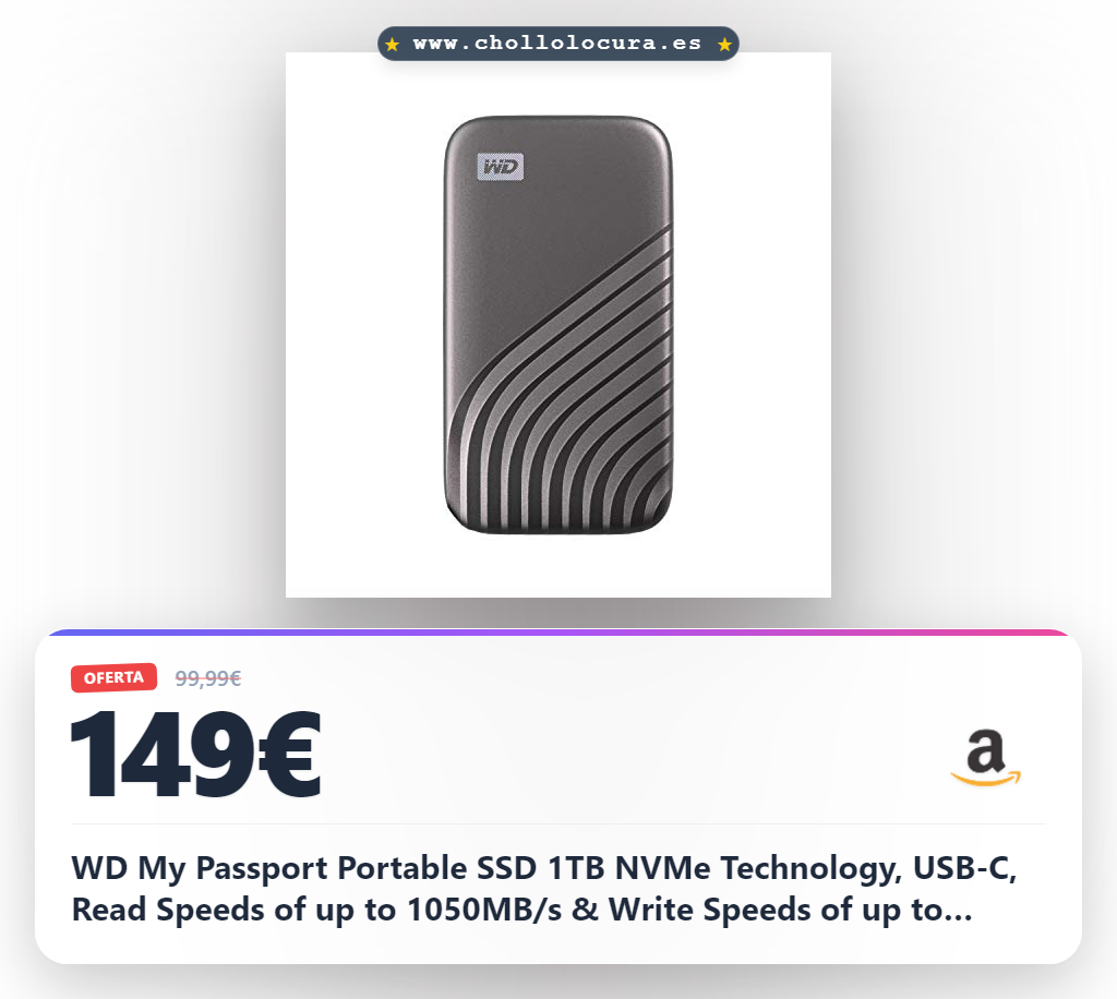 WD My Passport Portable SSD 1TB NVMe Technology, USB-C, Read Speeds of up to 1050MB/s & Write Speeds of up to 1000MB/s. Works with PC, Xbox, PlayStation - Space Grey